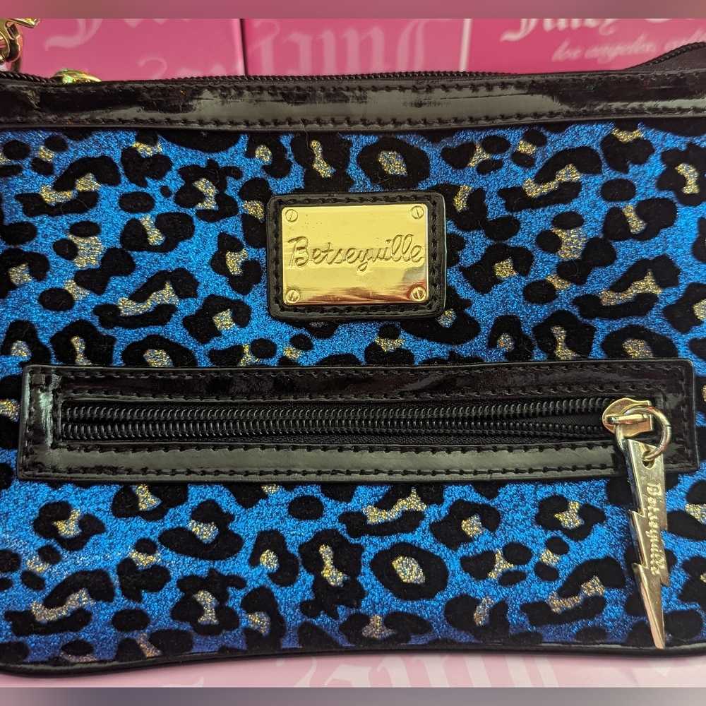 VINTAGE BNWOT Betsey Johnson Betseyville Flock Blue Cheetah Print Mini Crossbody